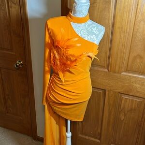 Orange mini choker collar one shoulder long sleeve feather and waist sash detail